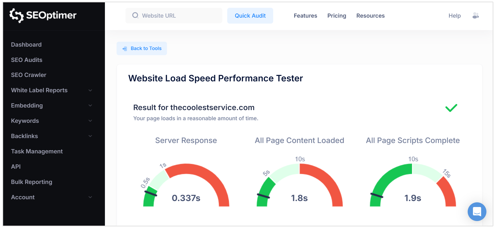 Website page speed test